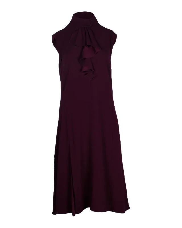 Women's Rounded Collar DressesPrada Ruffled Sleeveless Dress in Burgundy Polyester