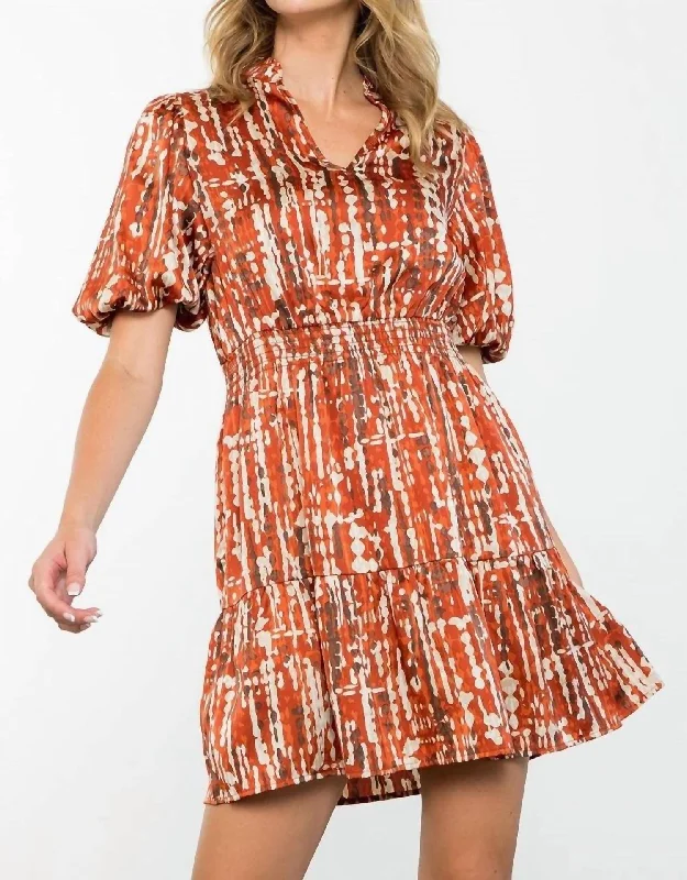 Women's U-Shaped Collar DressesPuff Sleeve Print Dress In Rust Print