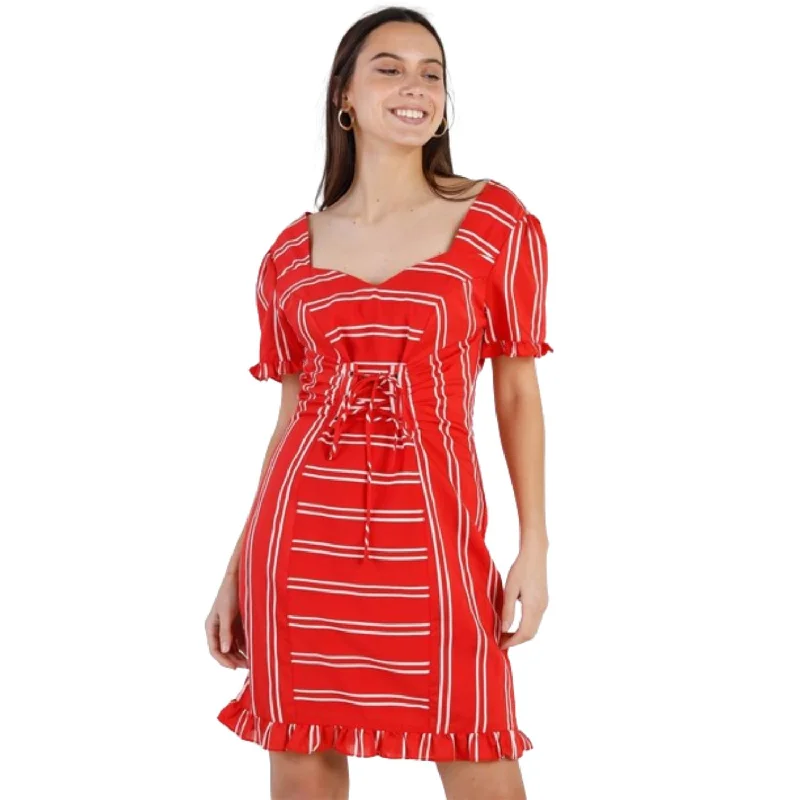 Women's Rounded Collar DressesRed Stripe Lace Up Front Detail Ruffle Trim Balloon Sleeve Dress