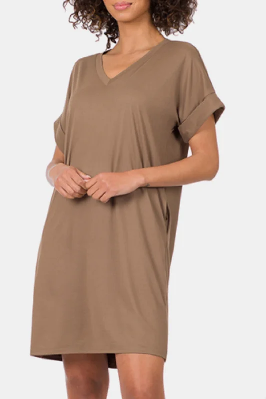 Women's Lapel Collar DressesRolled Short Sleeve V-Neck Dress