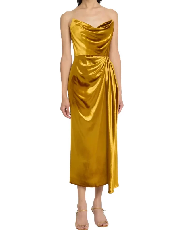 Women's Mandarin Collar DressesShiny Velvet Strapless Cocktail Dress In Gold