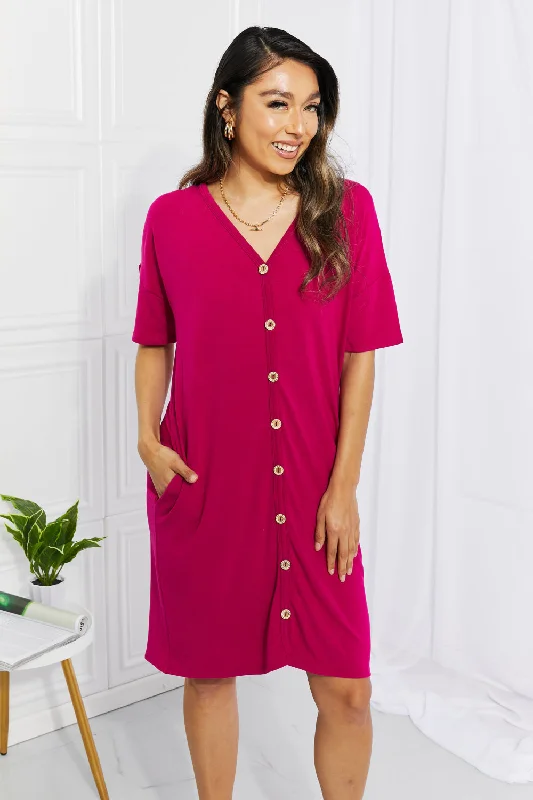 Women's Boat-Neck DressesSunday Brunch Button Down Knee-Length Dress in Magenta