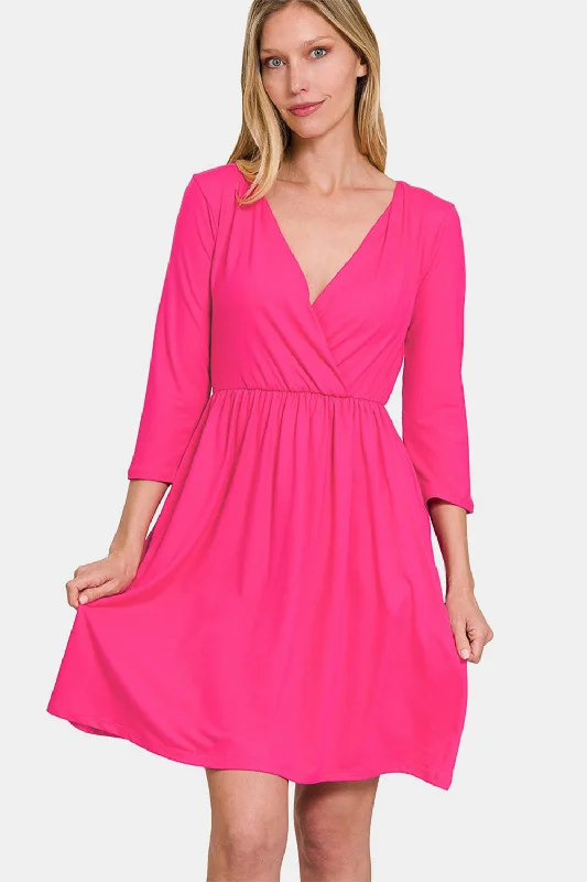 Women's Square-Neck DressesThree-Quarter Sleeve Surplice Dress with Pockets