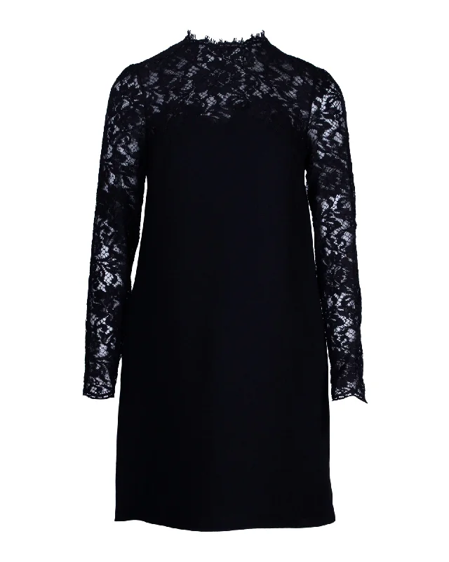 Women's Narrow Collar DressesValentino Lace Sleeve Dress in Black Silk