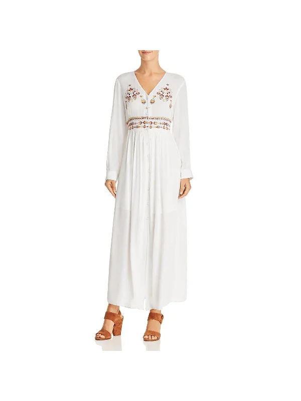 Women's High Collar DressesWomens Embroidered Long Sleeves Casual Dress