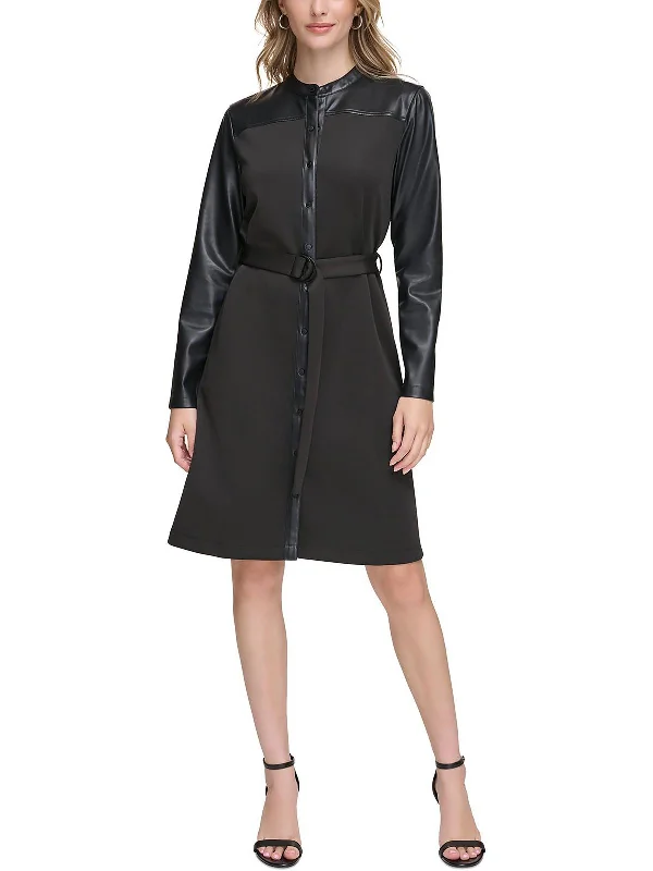 Women's Boat-Neck DressesWomens Faux Leather Trim Knee-Length Shirtdress