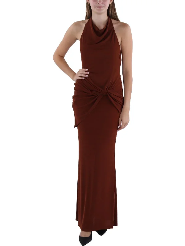 Women's Low Collar DressesWomens Full Length Gathered Evening Dress