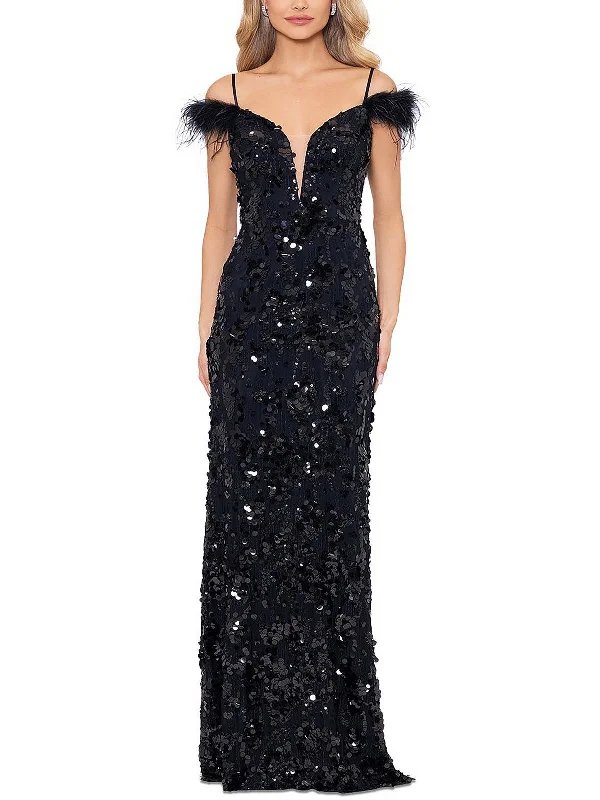 Women's One-Shoulder DressesWomens Sequined Feather Trim Evening Dress