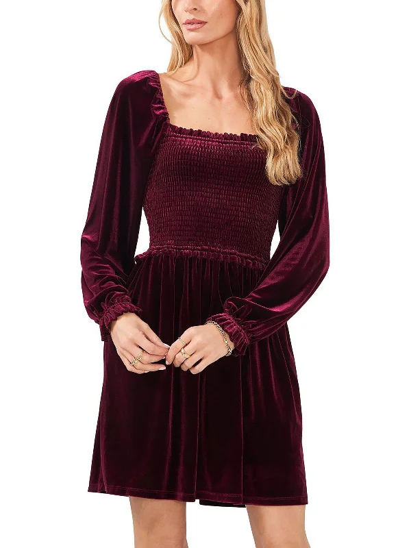 Women's High Collar DressesWomens Velvet Smocked Babydoll Dress