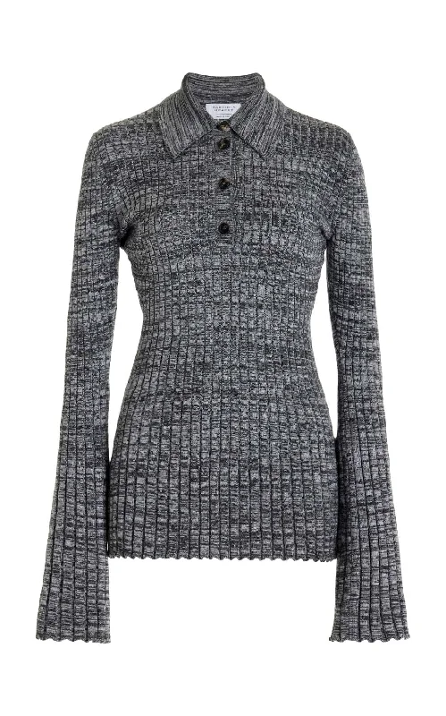 Women's Blouse with Keyhole CollarAlam Knit Polo in Charcoal Melange Cashmere