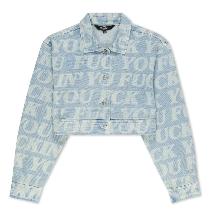 Women's Blouse with Mandarin CollarFuckin Fuck Cropped Denim Jacket (Light Wash)