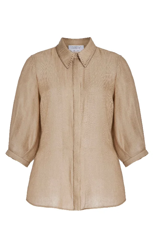 Women's Blouse with Collarless DesignHadley Blouse in Khaki Virgin Wool Cashmere