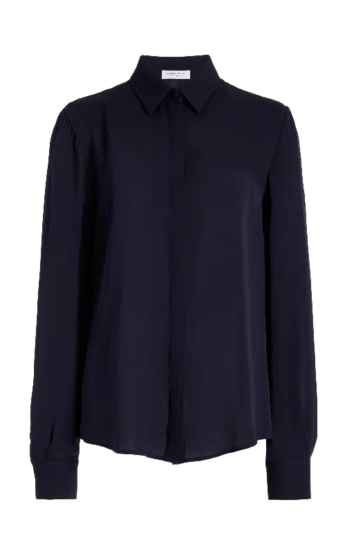 Women's Blouse with PatchesHenri Blouse in Dark Navy Silk Georgette Twill