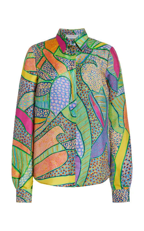 Women's Blouse with Keyhole NeckHenri Blouse in Green Multi Printed Silk Twill