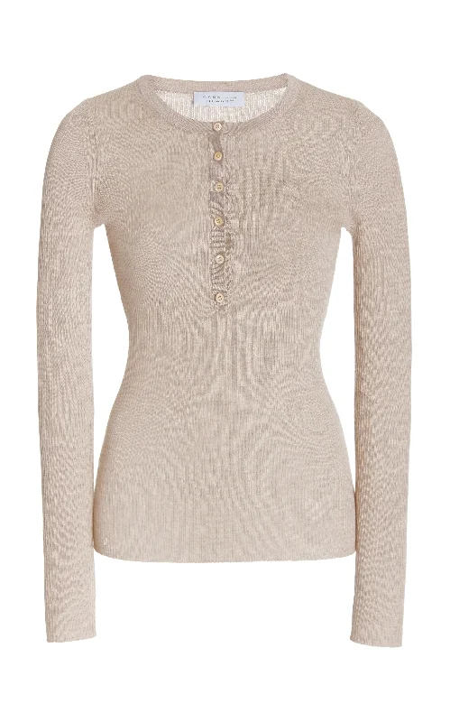 Women's Blouse with Fur TrimJulian Knit Henley in Oatmeal Cashmere Silk