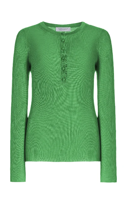 Women's Blouse with Narrow CollarJulian Knit Henley in Peridot Green Cashmere Silk