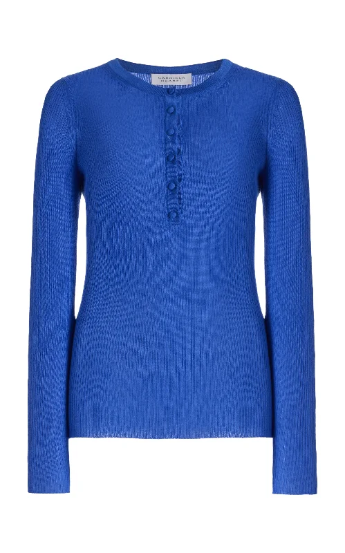 Women's Blouse with Square CollarJulian Knit Henley in Sapphire Cashmere Silk