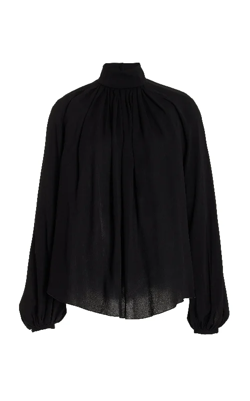 Women's Blouse with ZipperKiian Pleated Top in Black Silk Georgette Twill