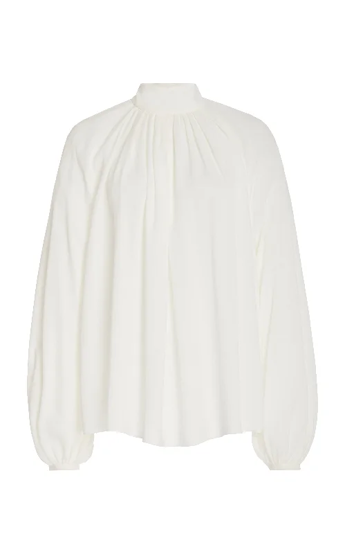 Women's Blouse with CollarKiian Pleated Top in Ivory Silk Georgette Twill