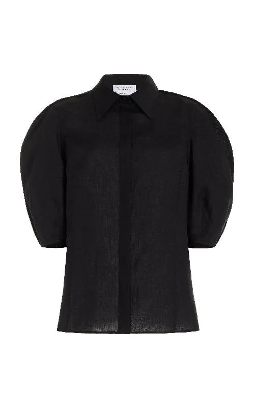 Women's Blouse with Boat CollarSansi Top in Black Aloe Linen