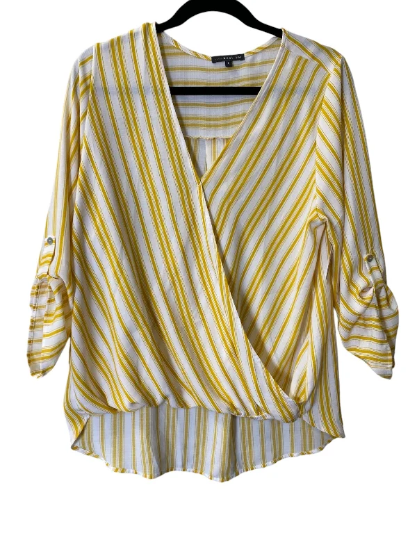 Women's Blouse with High CollarTop 3/4 Sleeve By West Kei In White & Yellow, Size: L