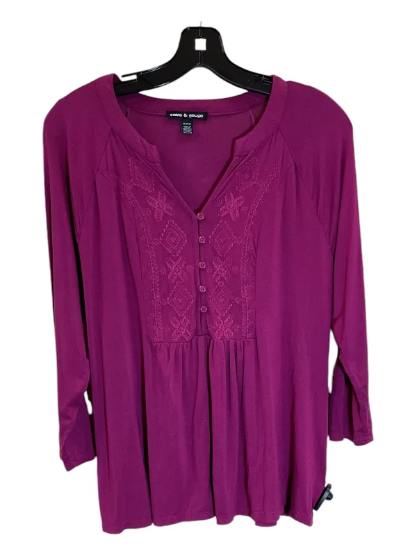 Women's Blouse with V-Shaped CollarTop Long Sleeve By Cable And Gauge In Purple, Size: M