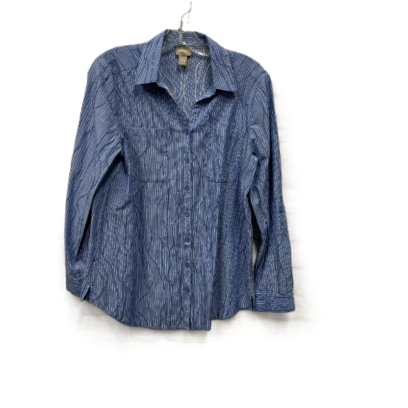 Women's Blouse with U-Shaped CollarTop Long Sleeve By Chicos In Blue, Size: L