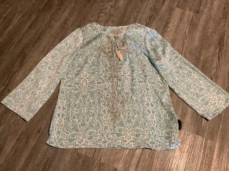 Women's Blouse with Collarless NeckTop Long Sleeve By Chicos In Green, Size: M