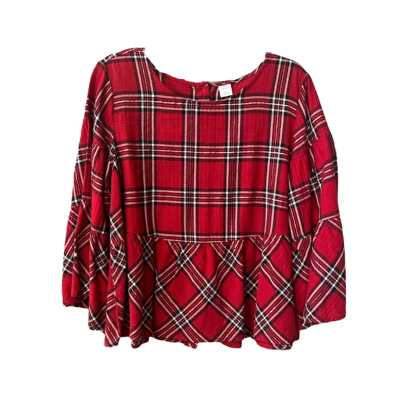 Women's Blouse with Narrow CollarTop Long Sleeve By Cme In Red Plaid, Size: L