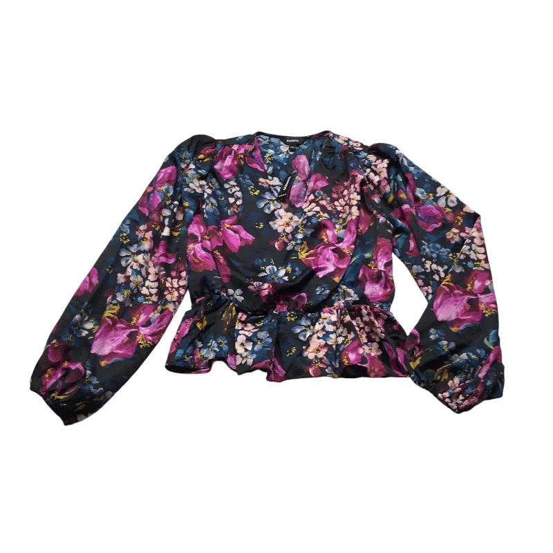 Women's Blouse with BeltTop Long Sleeve By Express In Floral Print, Size: M