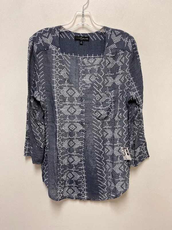 Women's Blouse with Keyhole CollarTop Long Sleeve By Fred David In Blue, Size: L