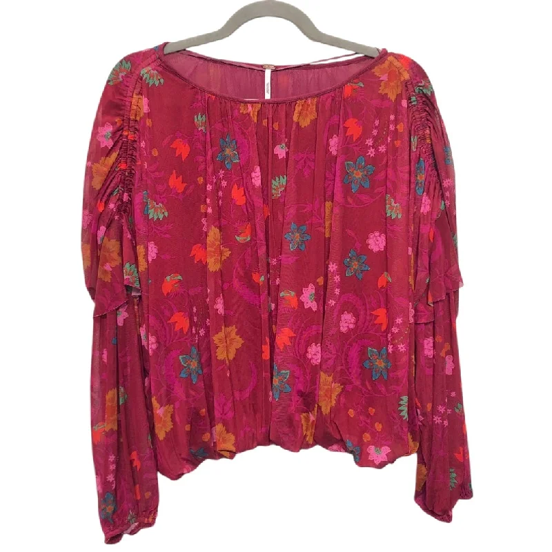 Women's Blouse with Notched CollarTop Long Sleeve By Free People In Red, Size: M