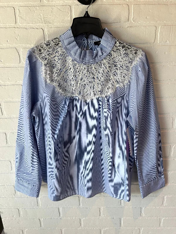 Women's Blouse with U-Shaped CollarTop Long Sleeve By Halogen In Blue & White, Size: L