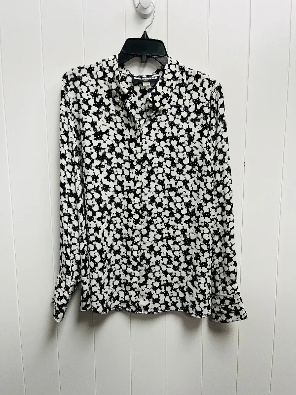 Women's Cotton BlouseTop Long Sleeve By Karl Lagerfeld In Black & White, Size: L