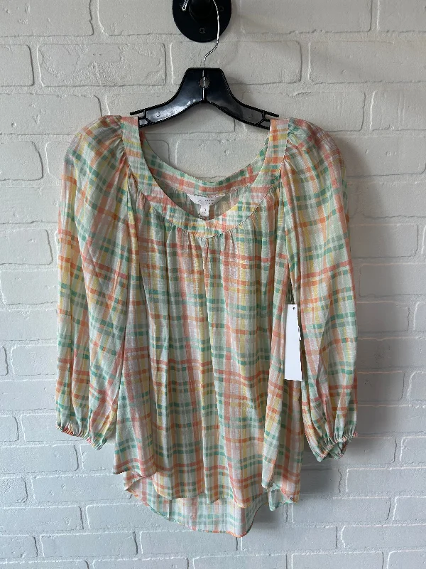 Women's Blouse with Keyhole CollarTop Long Sleeve By Lc Lauren Conrad In Green & Orange, Size: M