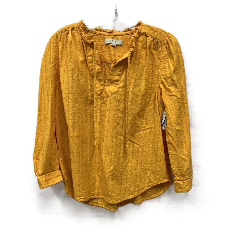 Women's Blouse with High CollarTop Long Sleeve By Loft In Yellow, Size: M