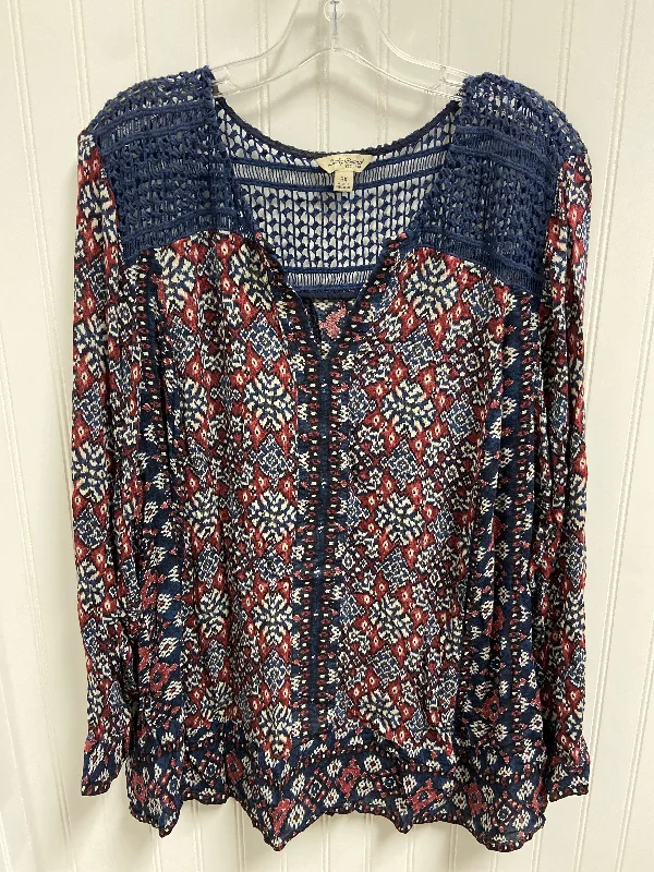 Women's Blouse with Low CollarTop Long Sleeve By Lucky Brand In Blue & Red & White, Size: 3x