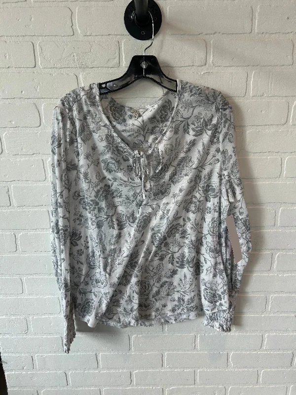 Women's Blouse with Low CollarTop Long Sleeve By Lucky Brand In Grey & White, Size: L