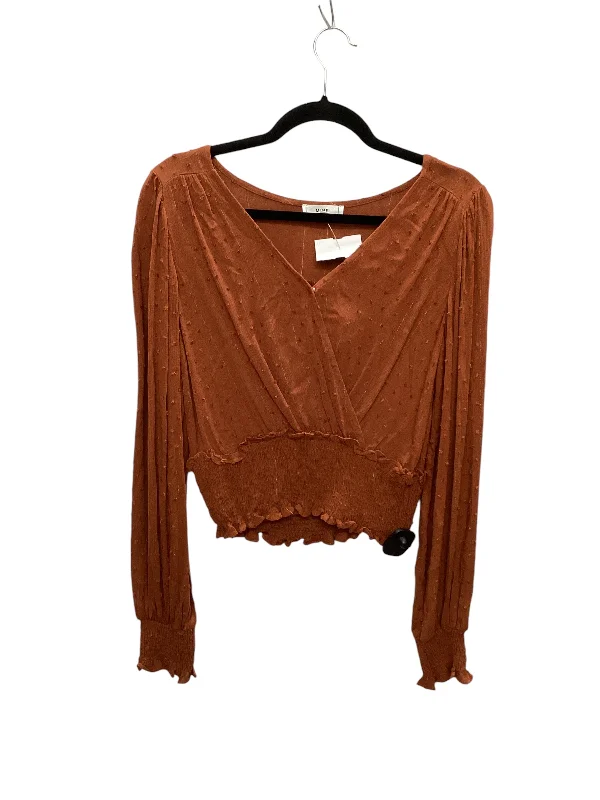 Women's Blouse with High CollarTop Long Sleeve By Mine In Brown, Size: L