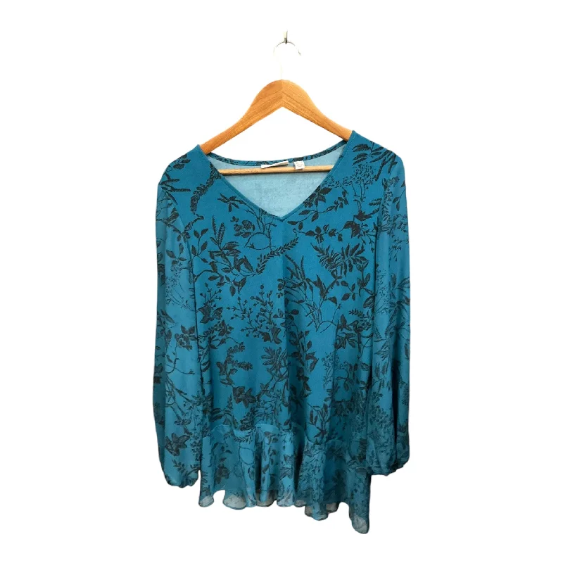 Women's Blouse with SequinsTop Long Sleeve By Susan Graver In Blue, Size: M