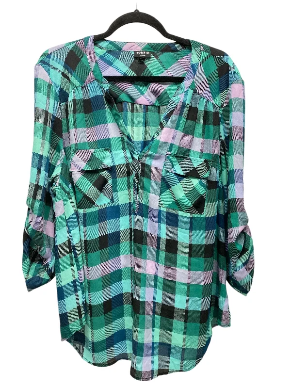 Women's Blouse with Keyhole CollarTop Long Sleeve By Torrid In Plaid Pattern, Size: 2x