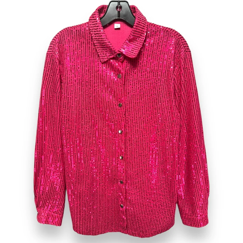 Women's Blouse with Low CollarTop Long Sleeve By Unbranded In Pink, Size: L