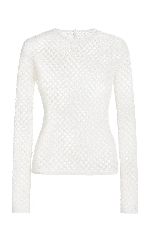 Women's Blouse with Long SleevesTroth Knit Top in Ivory Merino Wool