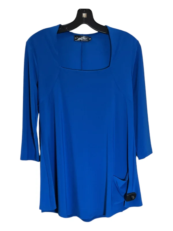 Women's Blouse with Square CollarTunic 3/4 Sleeve By Sympli In Blue, Size: M