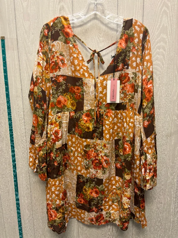 Women's Blouse with U-Shaped CollarTunic Long Sleeve By Andree By Unit In Floral Print, Size: 1x