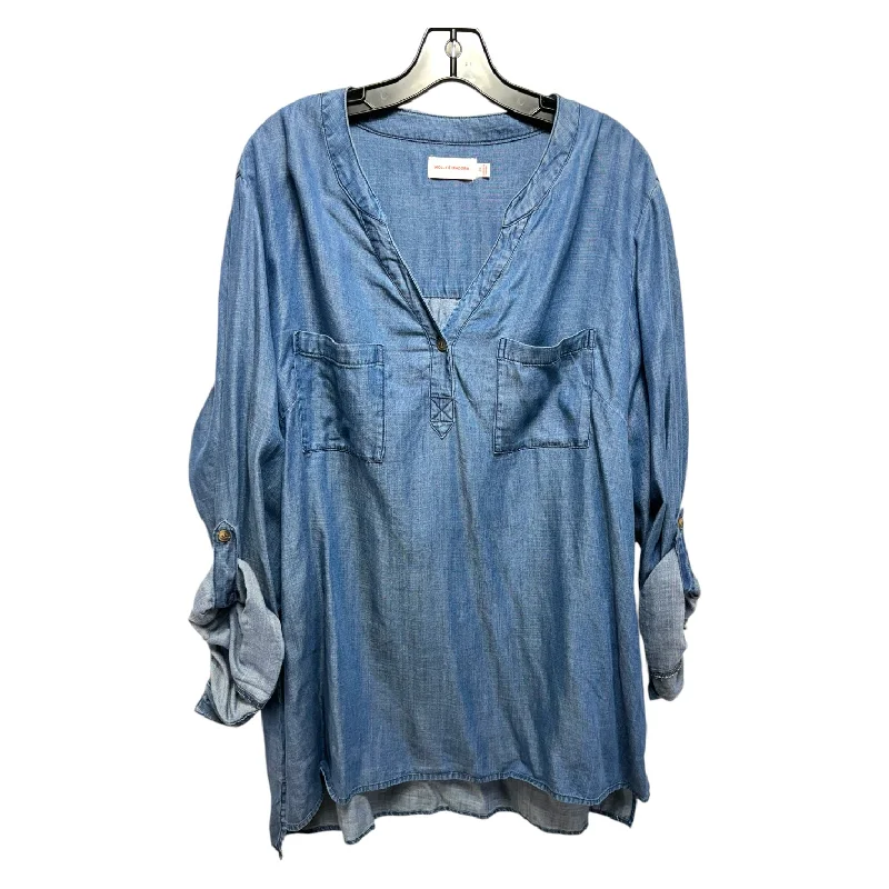 Women's Blouse with High CollarTunic Long Sleeve By Molly and Isadora In Blue, Size: 2x